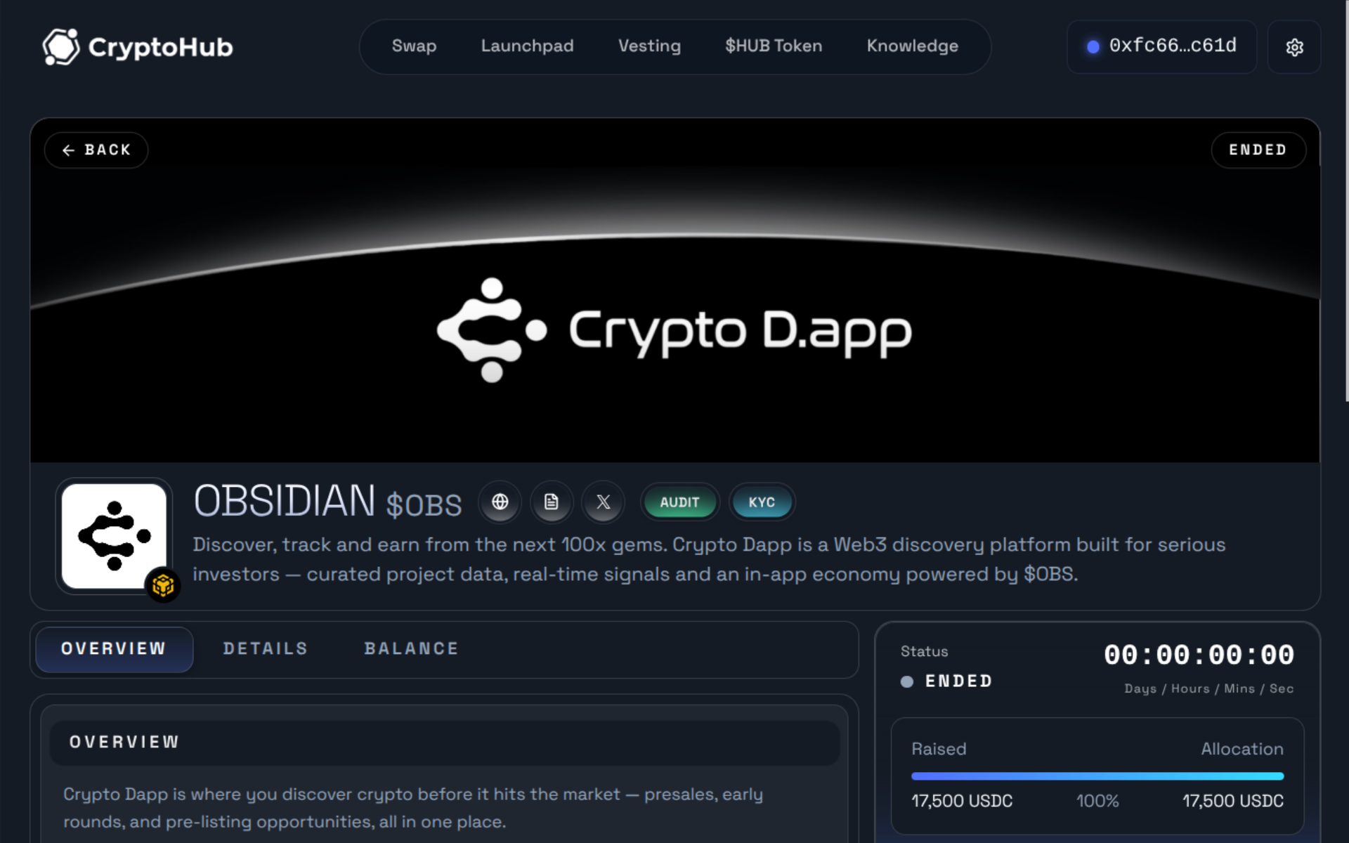 CryptoHub — project detail page