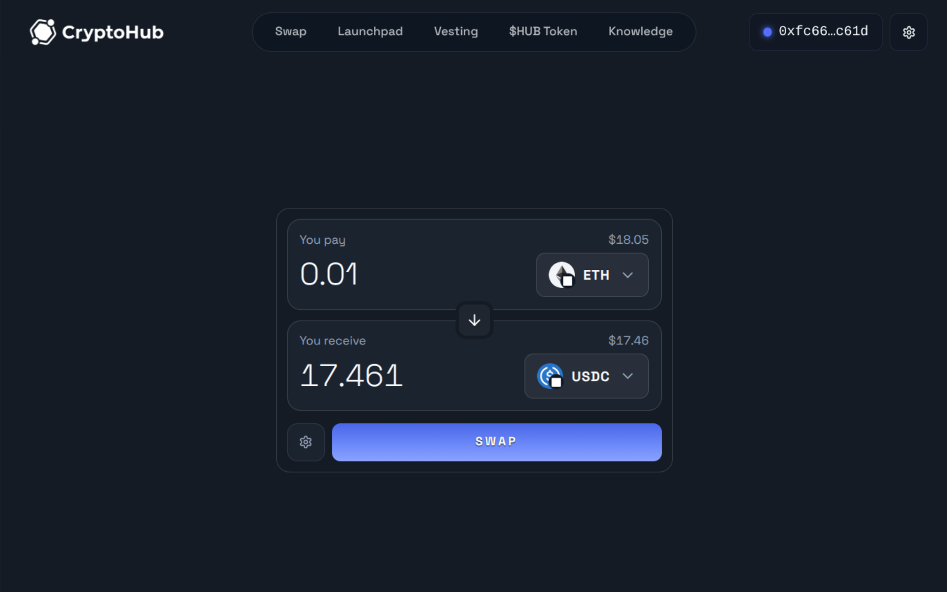 CryptoHub — in-app token swap