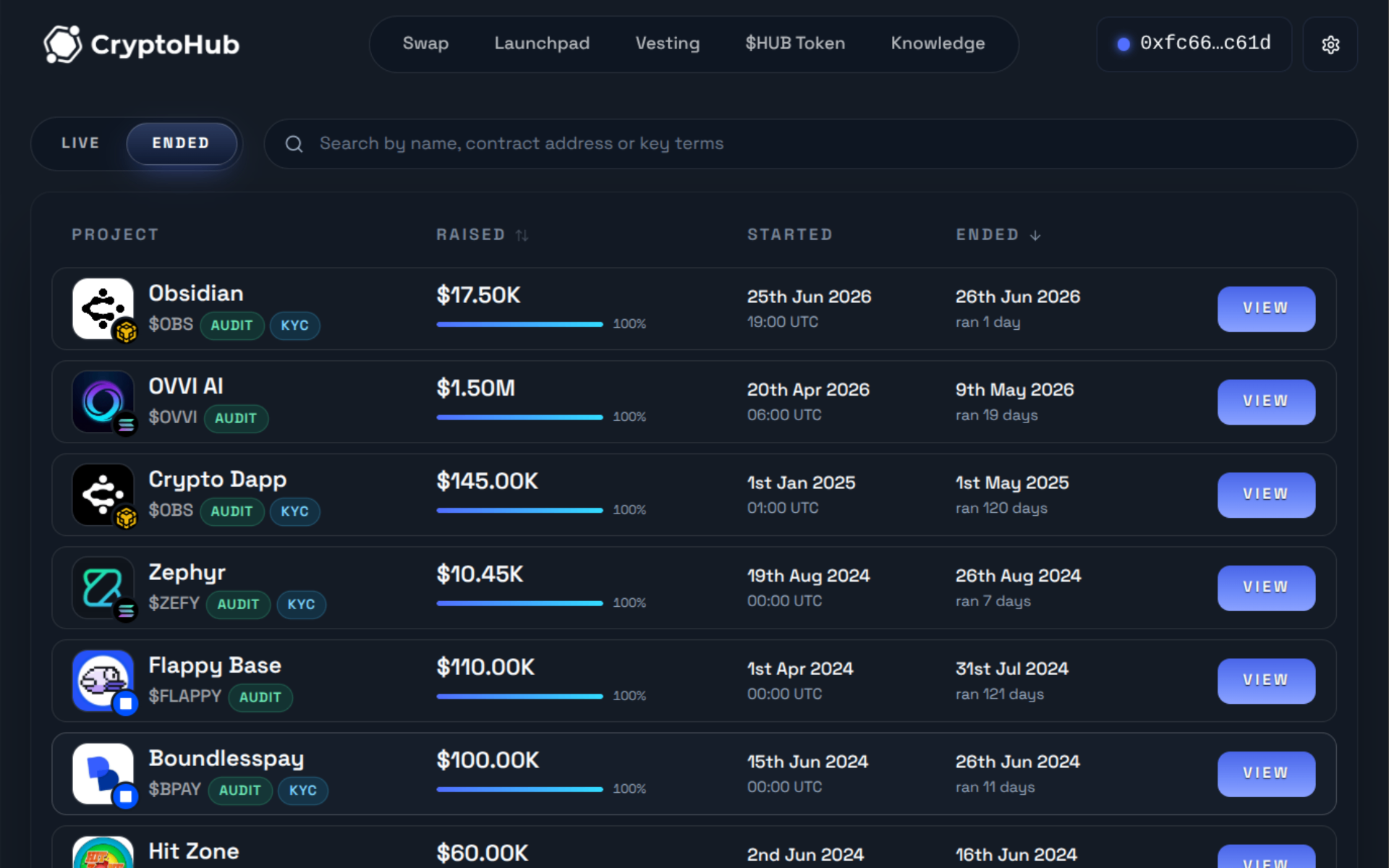 CryptoHub — token sales list