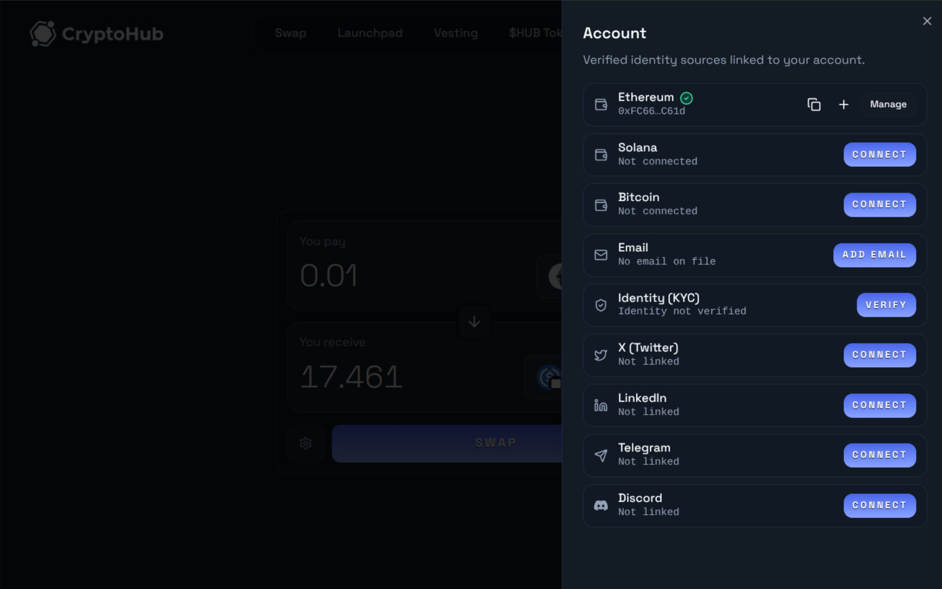 CryptoHub — account & identity